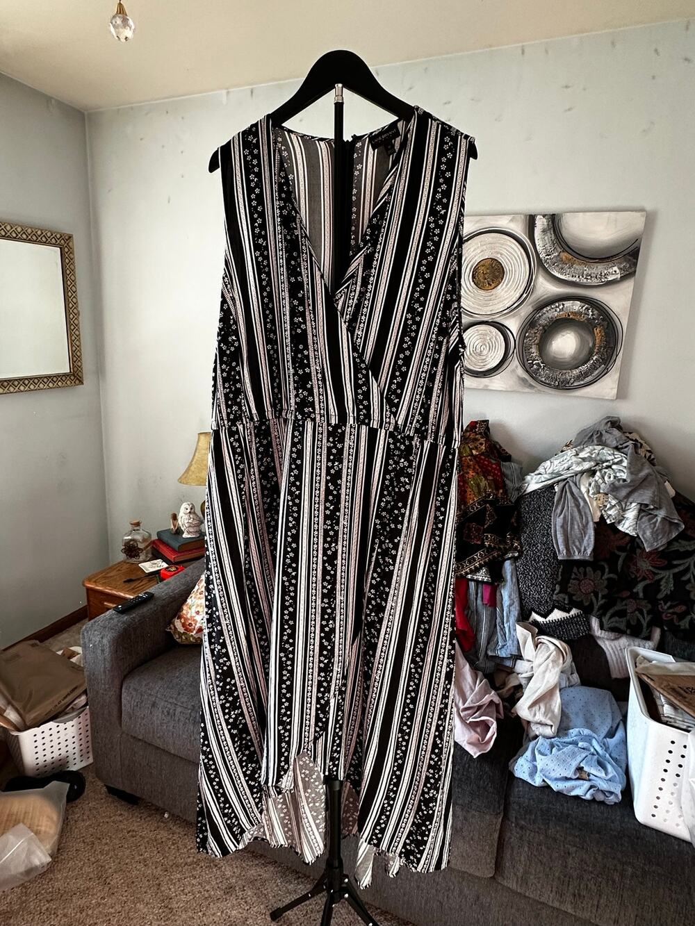 Lane Bryant High-Low Dress Plus Sz Black White Vertical Stripe Floral Faux Wrap